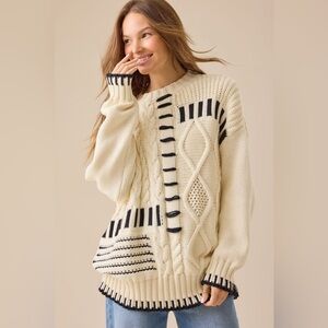 🆕 Ivory & Black 100% Cotton Cable Whipstitch Oversized Sweater